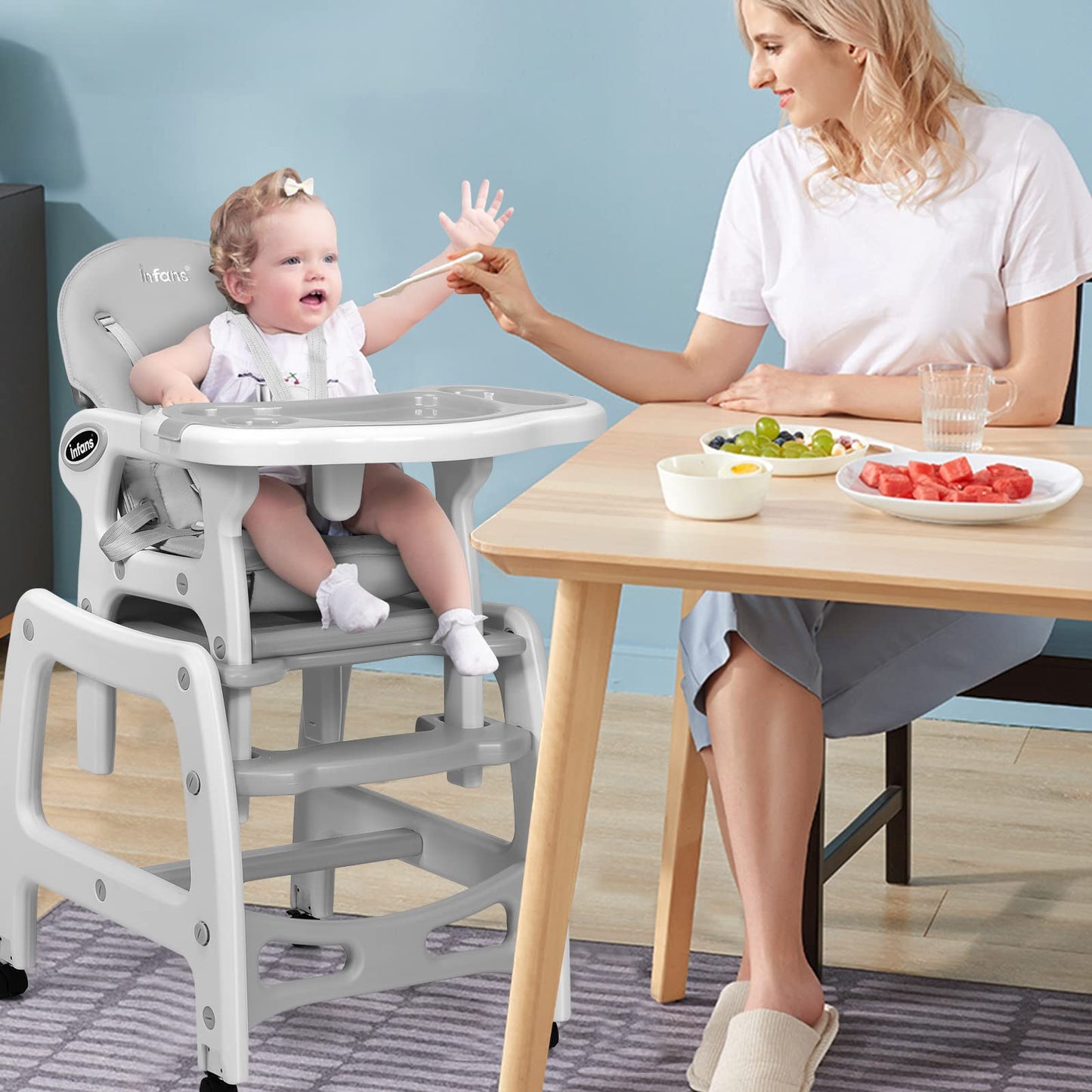 Chaise haute évolutive 5-en-1 pour bébé, ensemble chaise/table convertible, fonction bascule, siège multifonction avec roues universelles verrouillables