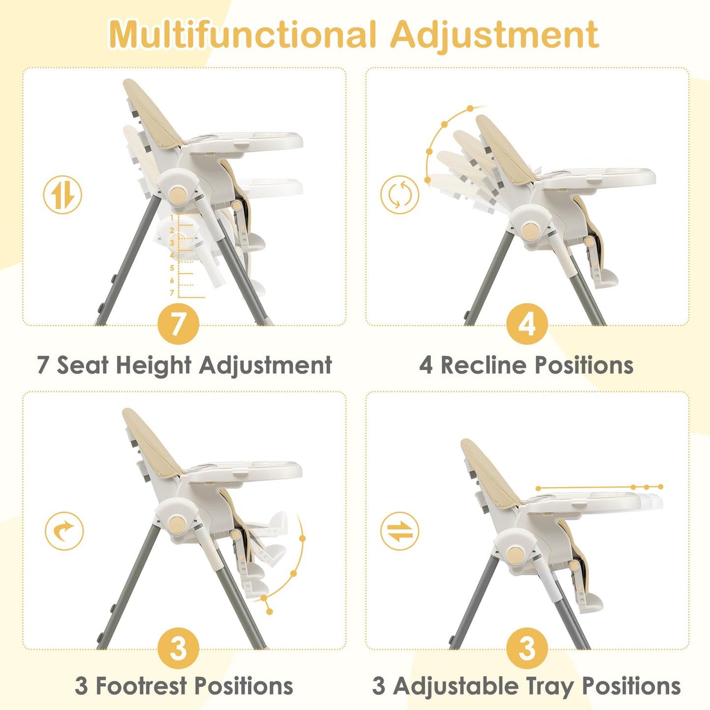 Chaise haute évolutive et pliable pour bébé et enfant, 7 hauteurs, dossier inclinable 4 positions