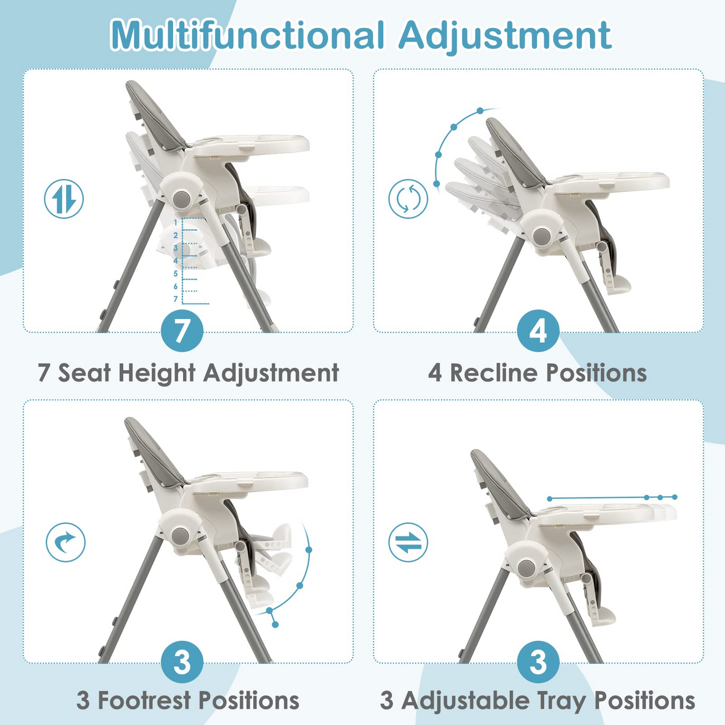 Chaise haute évolutive et pliable pour bébé et enfant, 7 hauteurs, dossier inclinable 4 positions