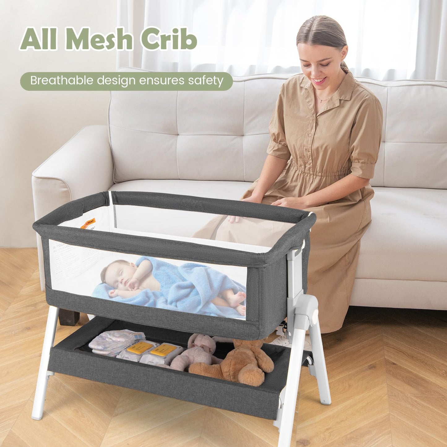 Berceau cododo pour bébé, grand panier de rangement, hauteurs et inclinaison réglables, lit d’appoint mobile facile