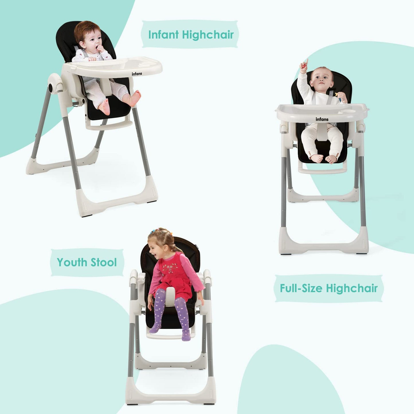 Chaise haute évolutive et pliable pour bébé et enfant, 7 hauteurs, dossier inclinable 4 positions