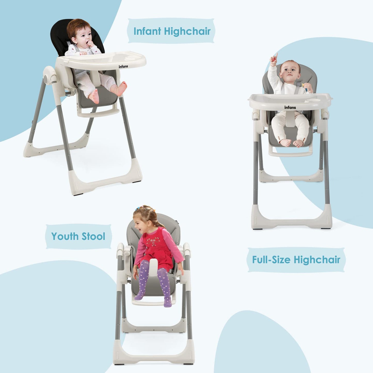 Chaise haute évolutive et pliable pour bébé et enfant, 7 hauteurs, dossier inclinable 4 positions