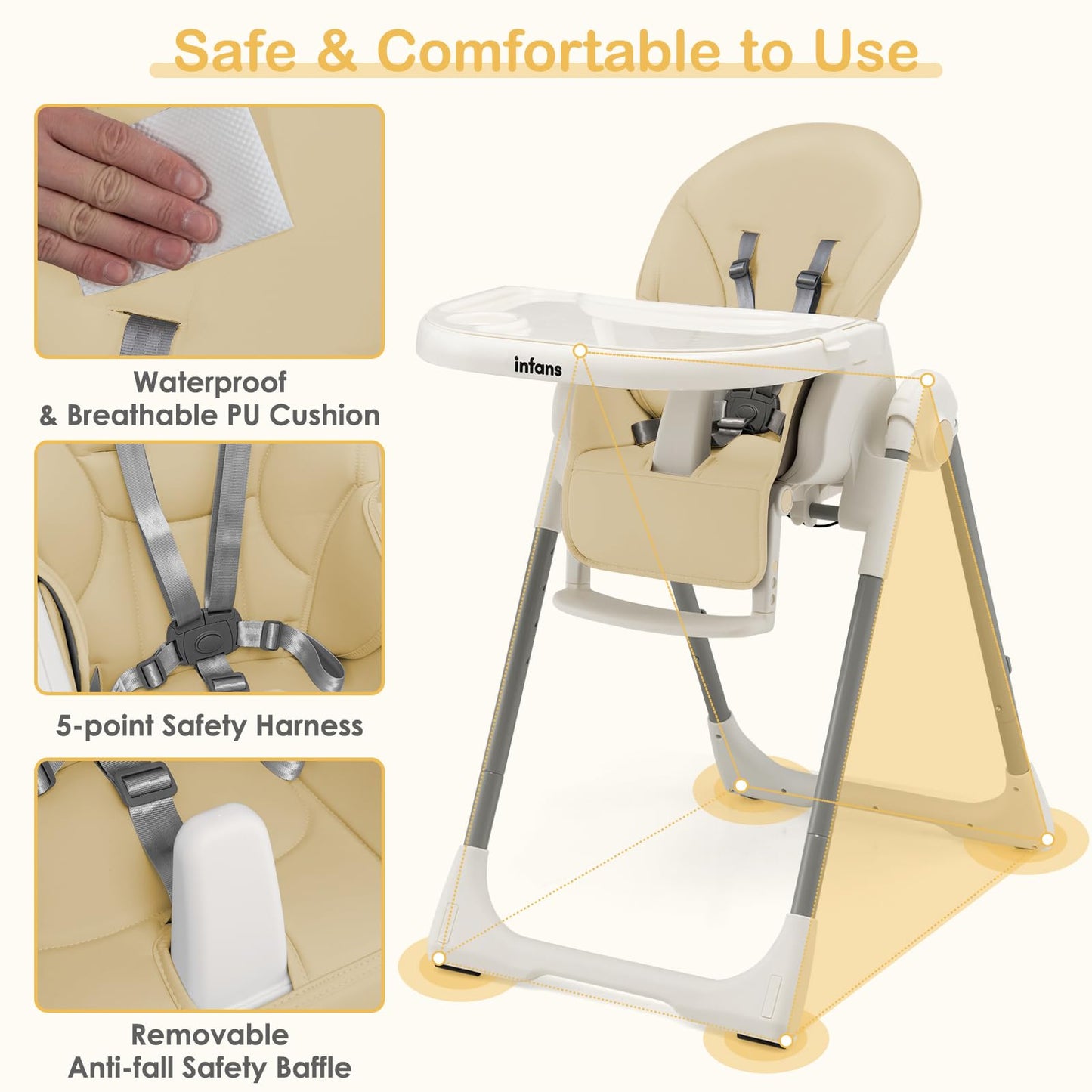 Chaise haute évolutive et pliable pour bébé et enfant, 7 hauteurs, dossier inclinable 4 positions