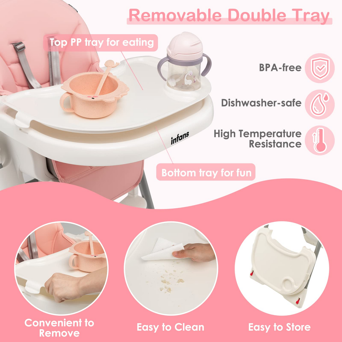 Chaise haute évolutive et pliable pour bébé et enfant, 7 hauteurs, dossier inclinable 4 positions