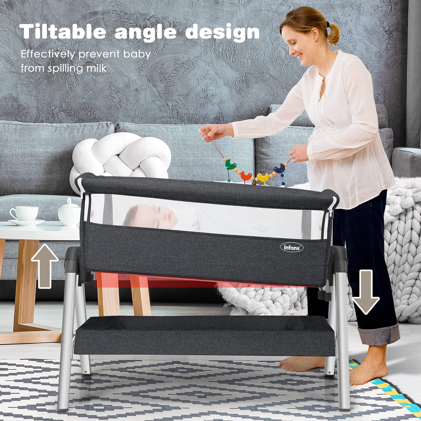 Berceau cododo pour bébé, grand panier de rangement, hauteurs et inclinaison réglables, lit d’appoint mobile facile