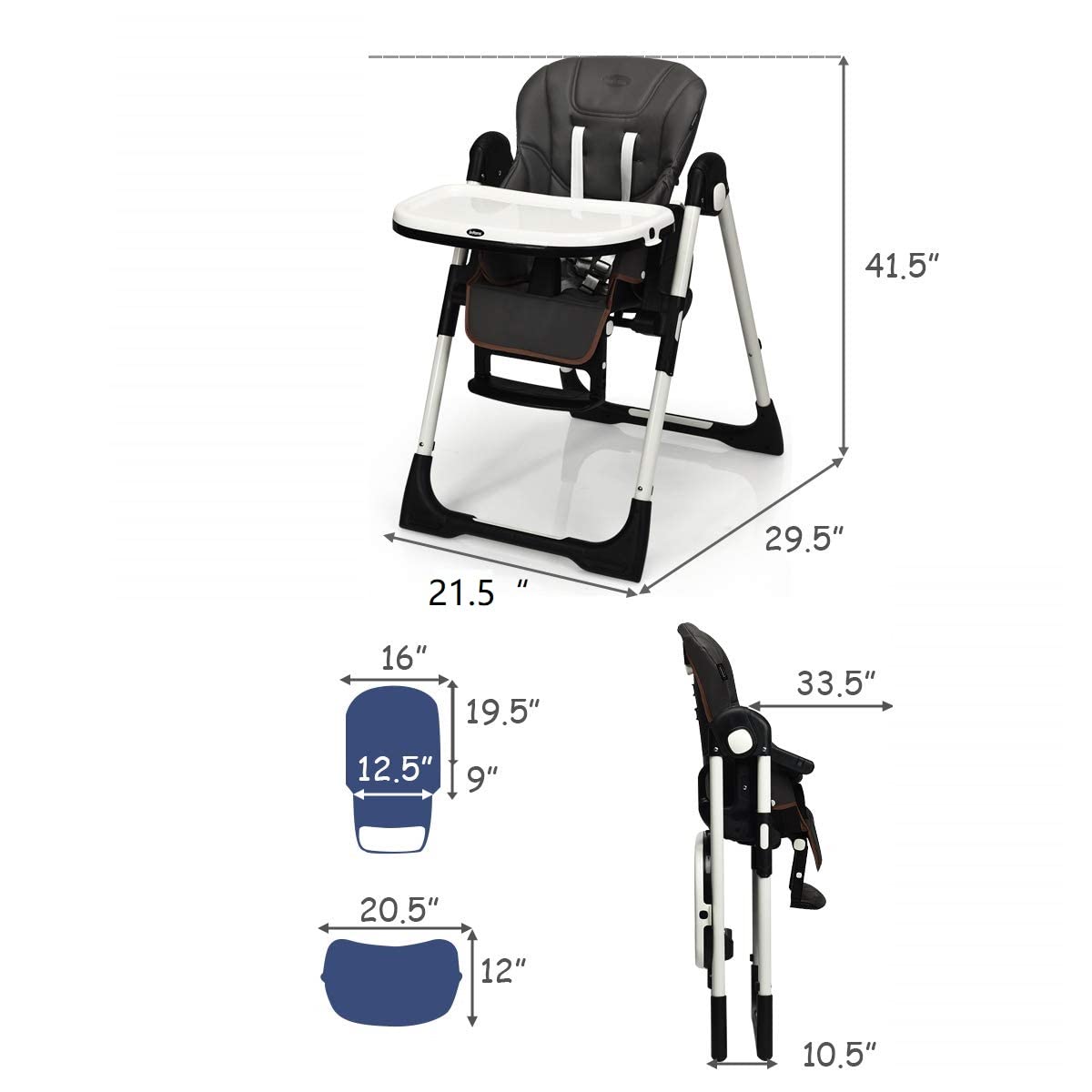 Chaise haute pliable pour bébés et tout-petits avec dossier, repose-pieds et hauteur d’assise réglables