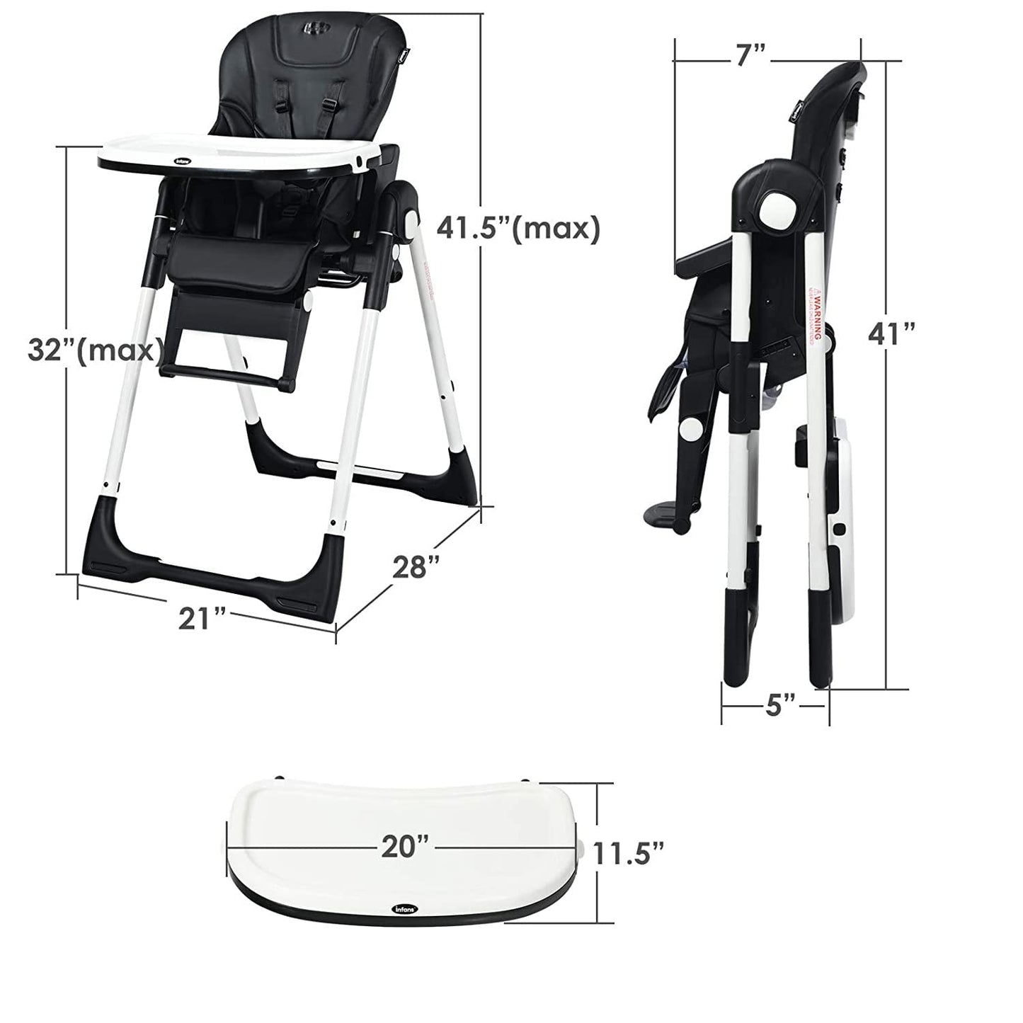Chaise haute pliable pour bébés et tout-petits avec dossier, repose-pieds et hauteur d’assise réglables
