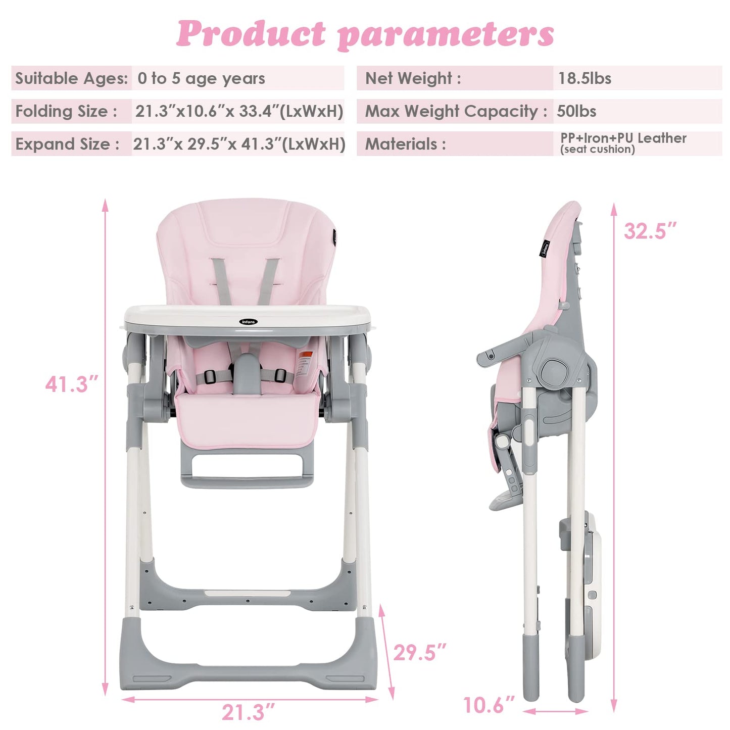 Chaise haute pliable pour bébés et tout-petits avec dossier, repose-pieds et hauteur d’assise réglables