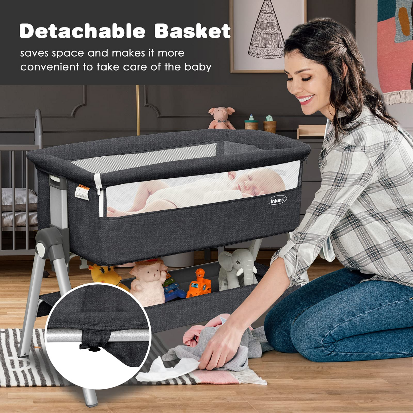 Berceau cododo pour bébé, grand panier de rangement, hauteurs et inclinaison réglables, lit d’appoint mobile facile