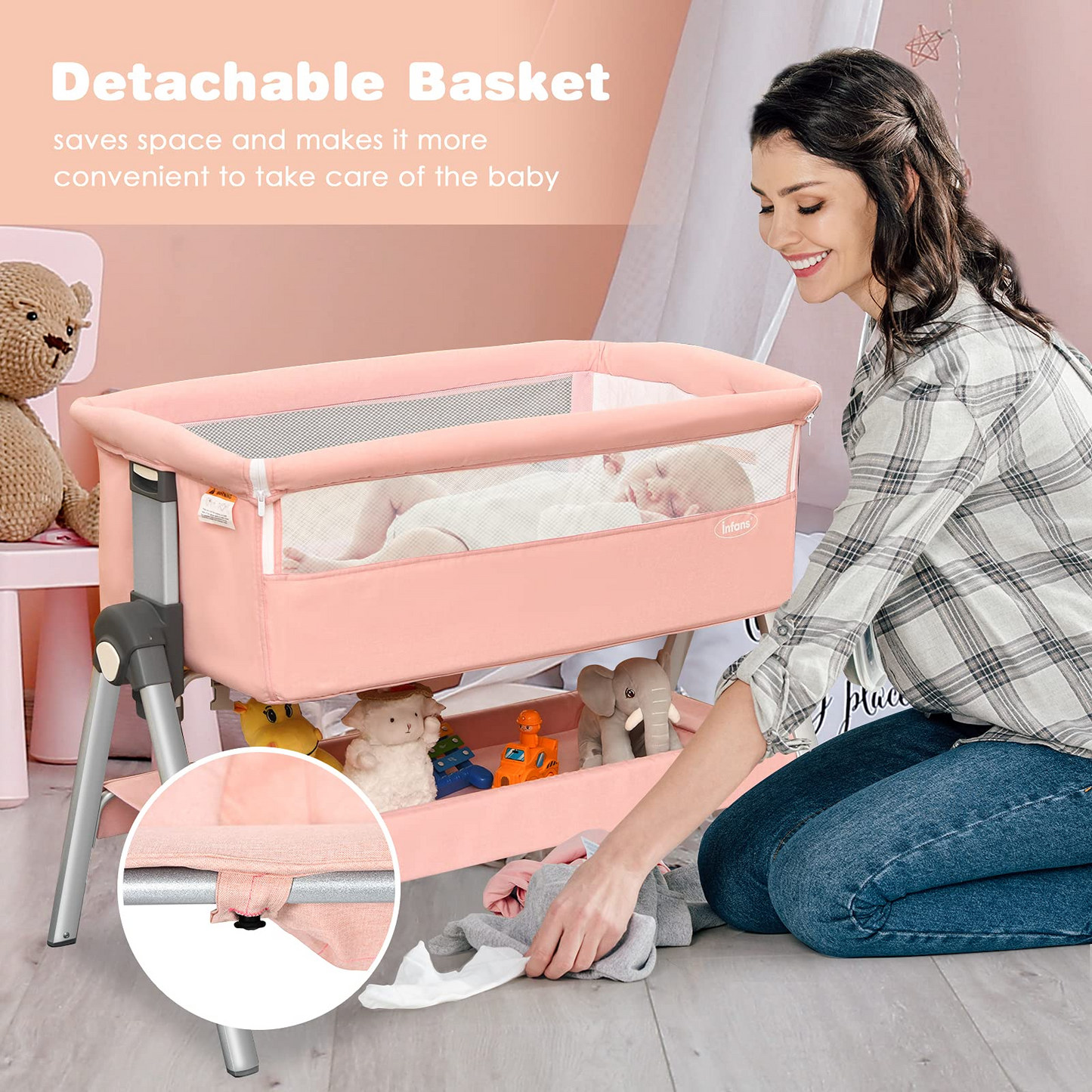 Berceau cododo pour bébé, grand panier de rangement, hauteurs et inclinaison réglables, lit d’appoint mobile facile