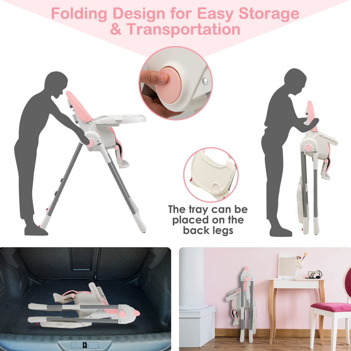 Chaise haute évolutive et pliable pour bébé et enfant, 7 hauteurs, dossier inclinable 4 positions