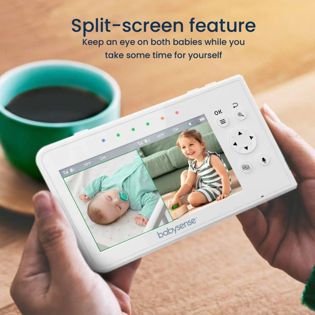 Moniteur vidéo pour bébé V43 - 2 caméras, sans Wi-Fi, écran partagé, veilleuse intégrée