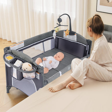 Parc pliable 5-en-1 pour bébé, lit de chevet avec berceau, table à langer, berceau pliable, aire de jeux portable