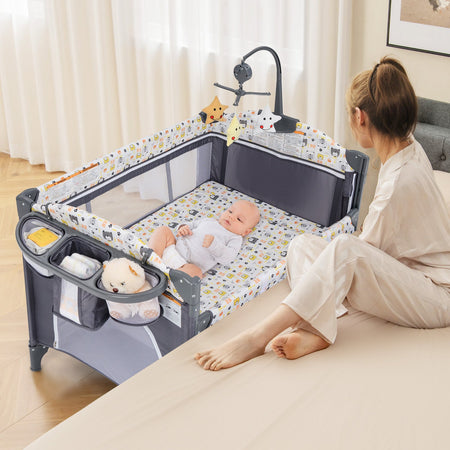 Parc pliable 5-en-1 pour bébé, lit de chevet avec berceau, table à langer, berceau pliable, aire de jeux portable