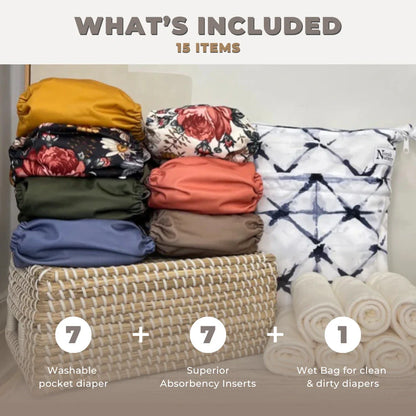 Harlow – Lot de 15 couches lavables réglables en suédine avec inserts hybrides bambou/microfibre et sac humide/sec