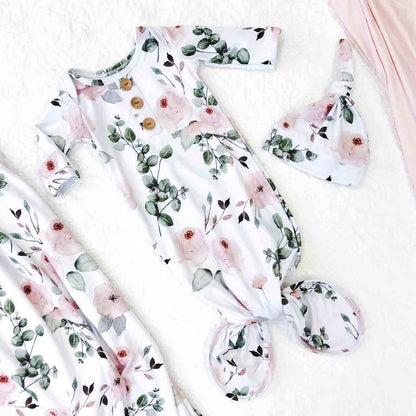 Ensemble robe nouée et bonnet pour nouveau-né, Jardin de Roses Poudrées