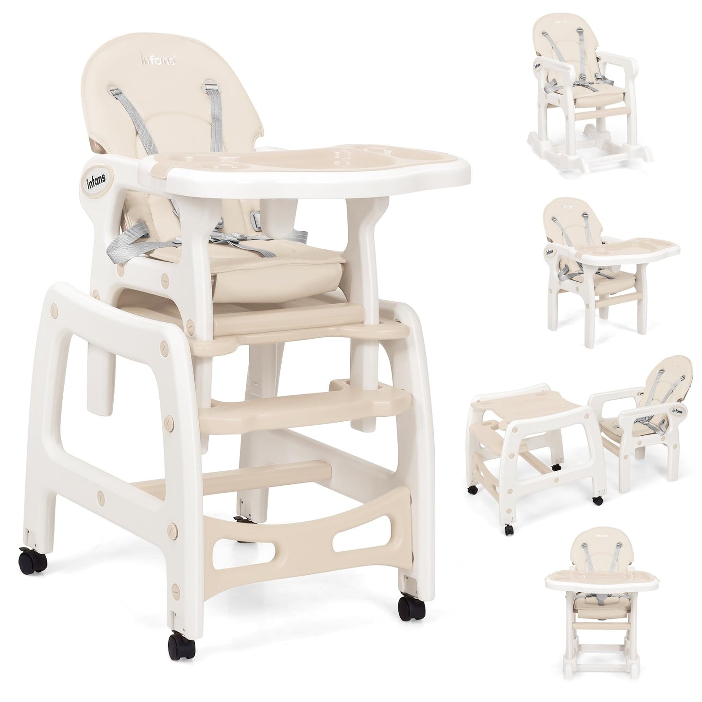 Chaise haute évolutive 5-en-1 pour bébé, ensemble chaise/table convertible, fonction bascule, siège multifonction avec roues universelles verrouillables