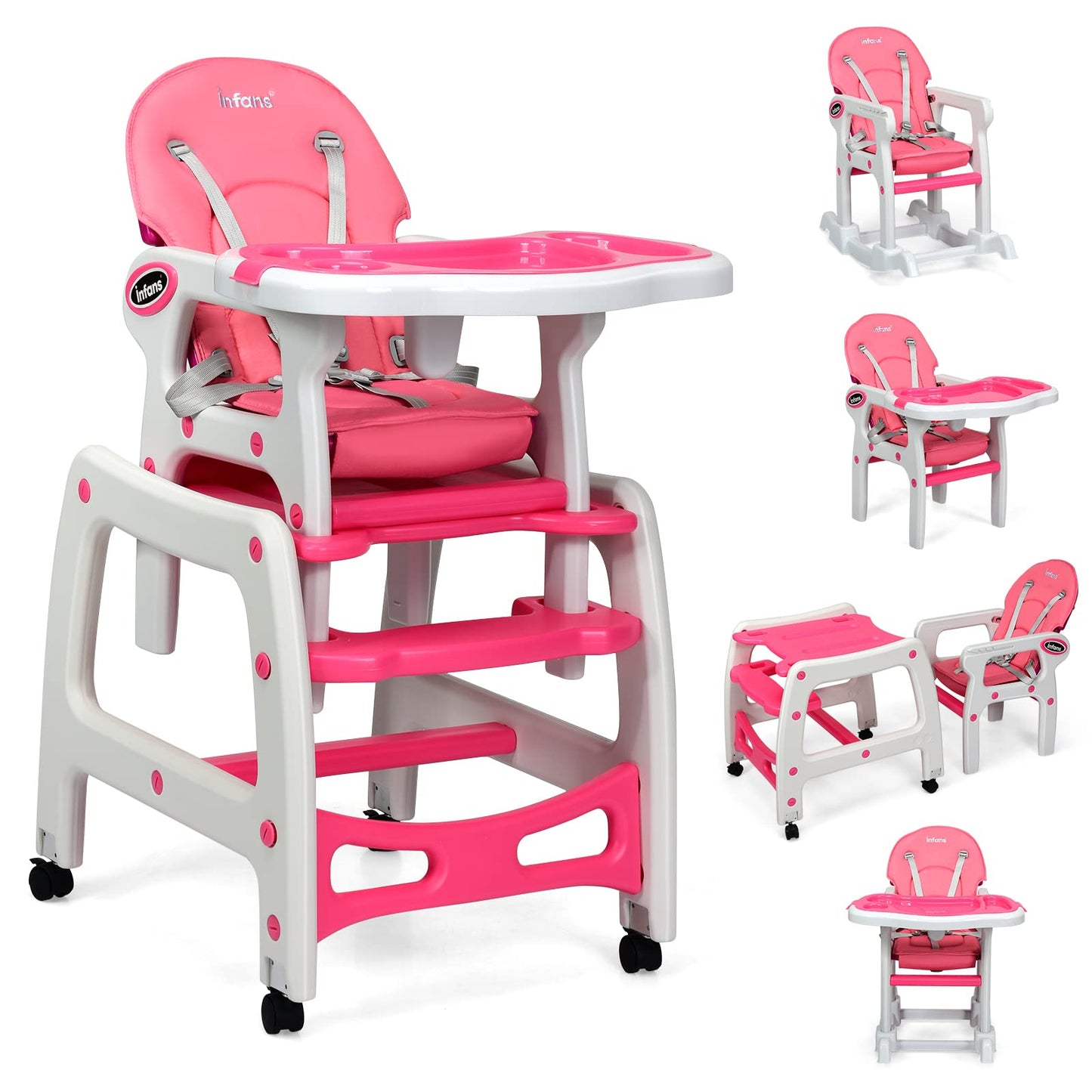 Chaise haute évolutive 5-en-1 pour bébé, ensemble chaise/table convertible, fonction bascule, siège multifonction avec roues universelles verrouillables