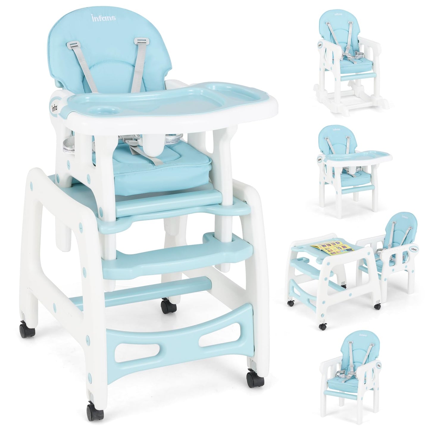 Chaise haute évolutive 5-en-1 pour bébé, ensemble chaise/table convertible, fonction bascule, siège multifonction avec roues universelles verrouillables