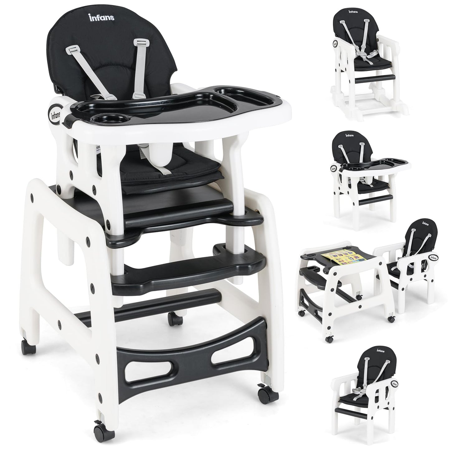 Chaise haute évolutive 5-en-1 pour bébé, ensemble chaise/table convertible, fonction bascule, siège multifonction avec roues universelles verrouillables