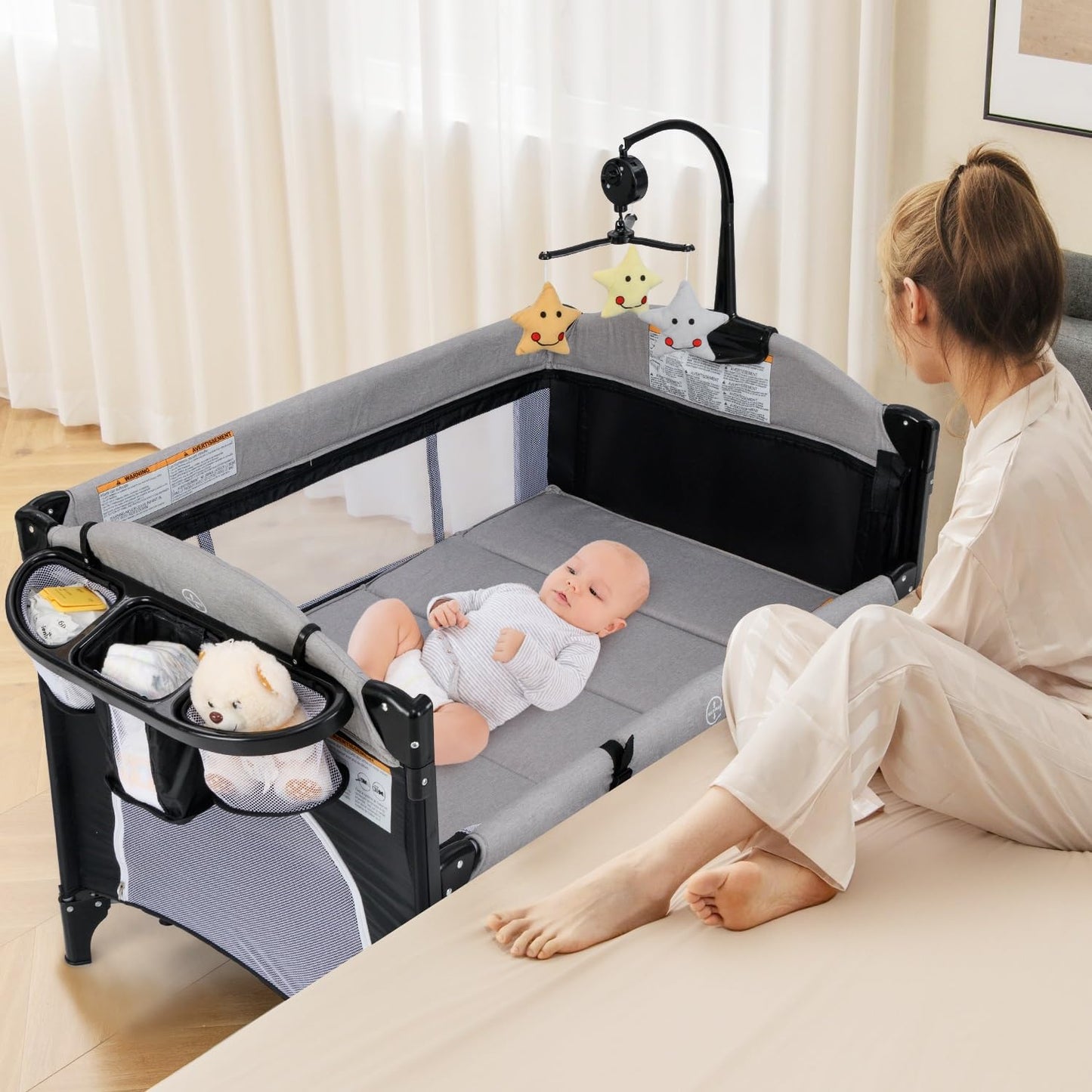 Parc pliable 5-en-1 pour bébé, lit de chevet avec berceau, table à langer, berceau pliable, aire de jeux portable