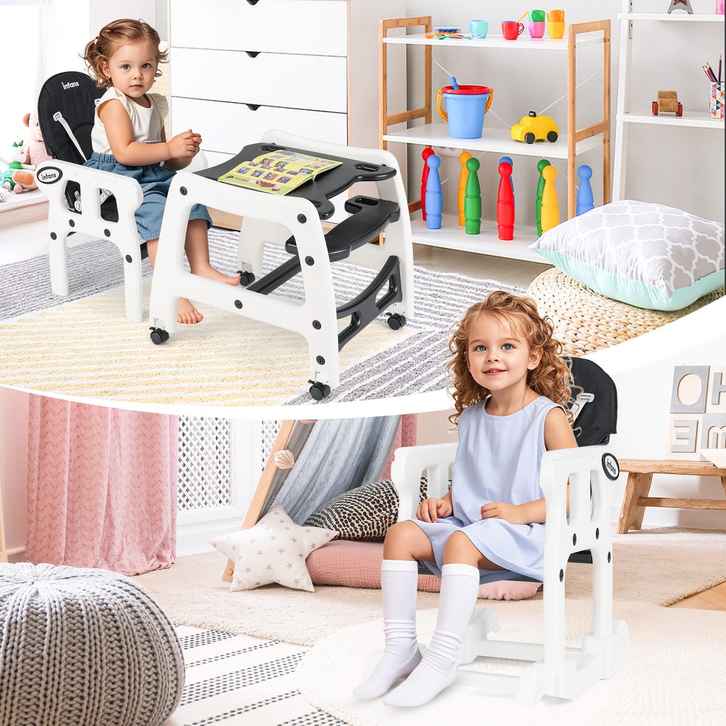 Chaise haute évolutive 5-en-1 pour bébé, ensemble chaise/table convertible, fonction bascule, siège multifonction avec roues universelles verrouillables