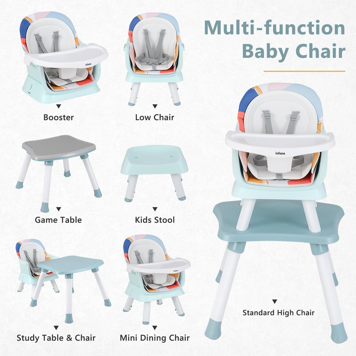 Chaise haute 8 en 1, chaise convertible pour bébé et tout-petit, rehausseur de repas, ensemble tabouret/table/chaise pour enfant