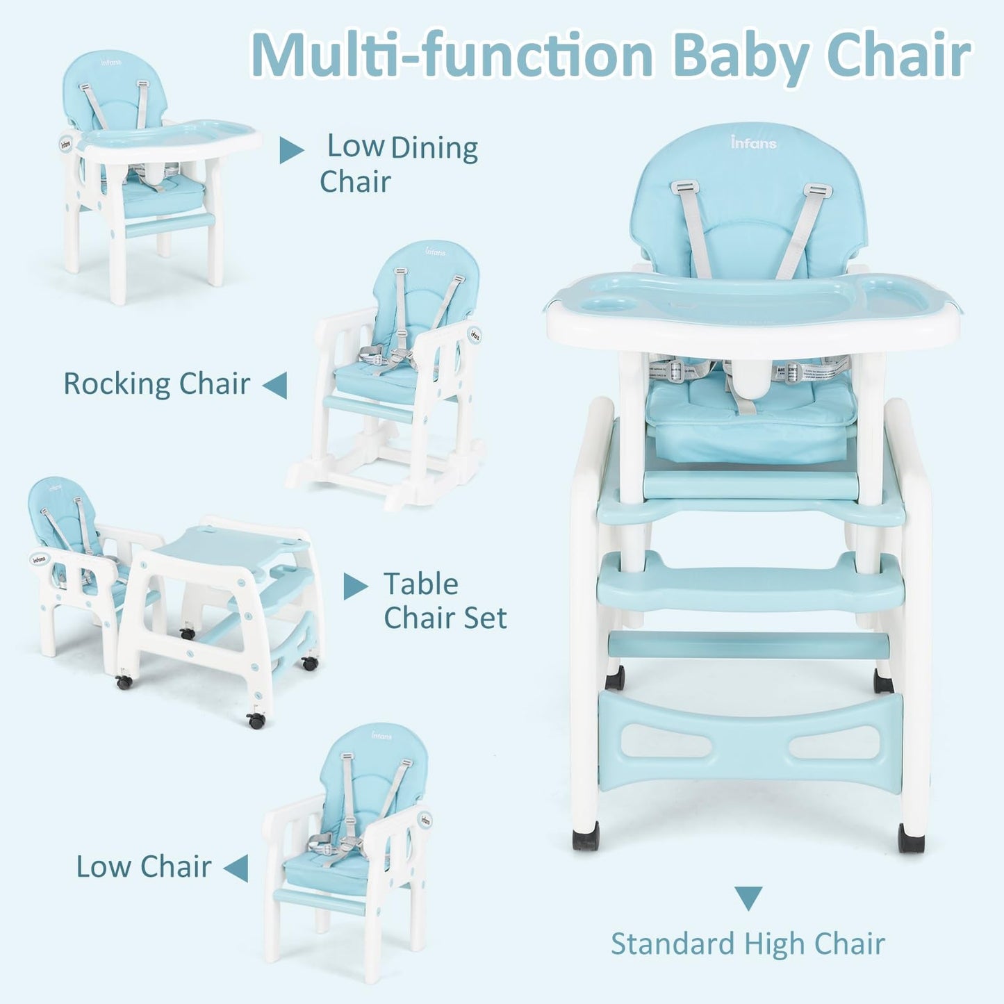 Chaise haute évolutive 5-en-1 pour bébé, ensemble chaise/table convertible, fonction bascule, siège multifonction avec roues universelles verrouillables