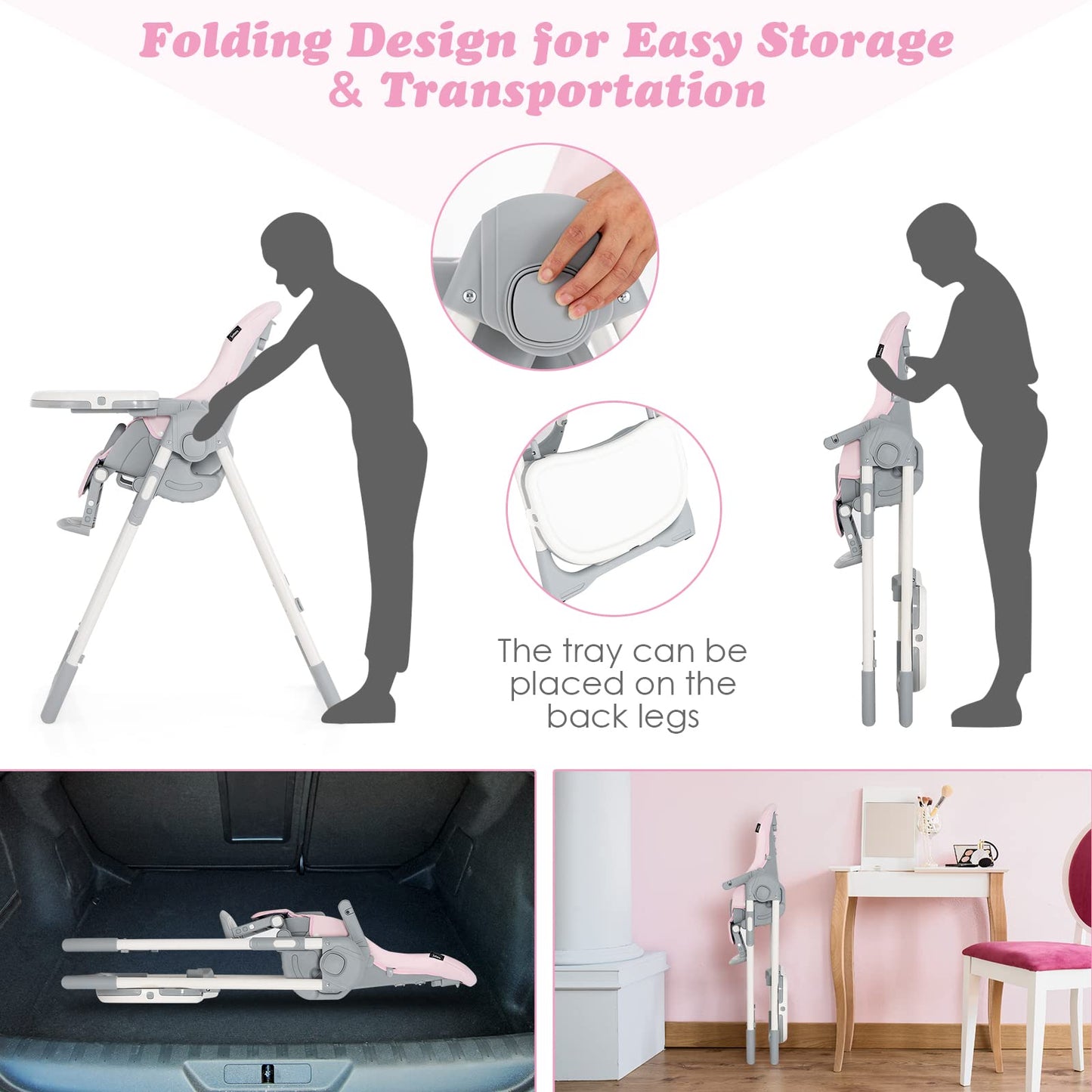 Chaise haute pliable pour bébés et tout-petits avec dossier, repose-pieds et hauteur d’assise réglables