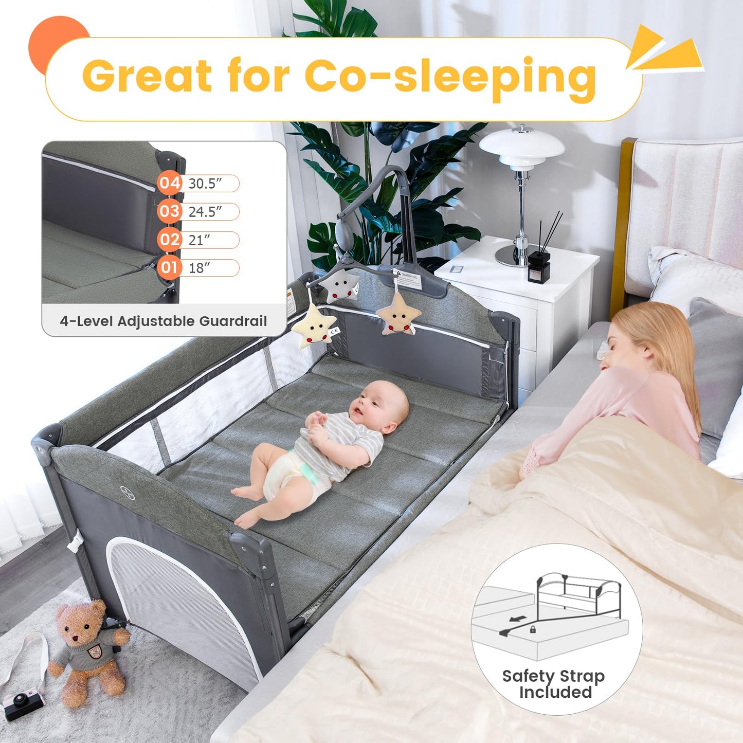 Parc pliable 5-en-1 pour bébé, lit de chevet avec berceau, table à langer, berceau pliable, aire de jeux portable