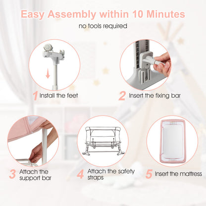 Berceau bébé 3-en-1, lit d'appoint pour nouveau-né, berceau pliable avec matelas, montage facile