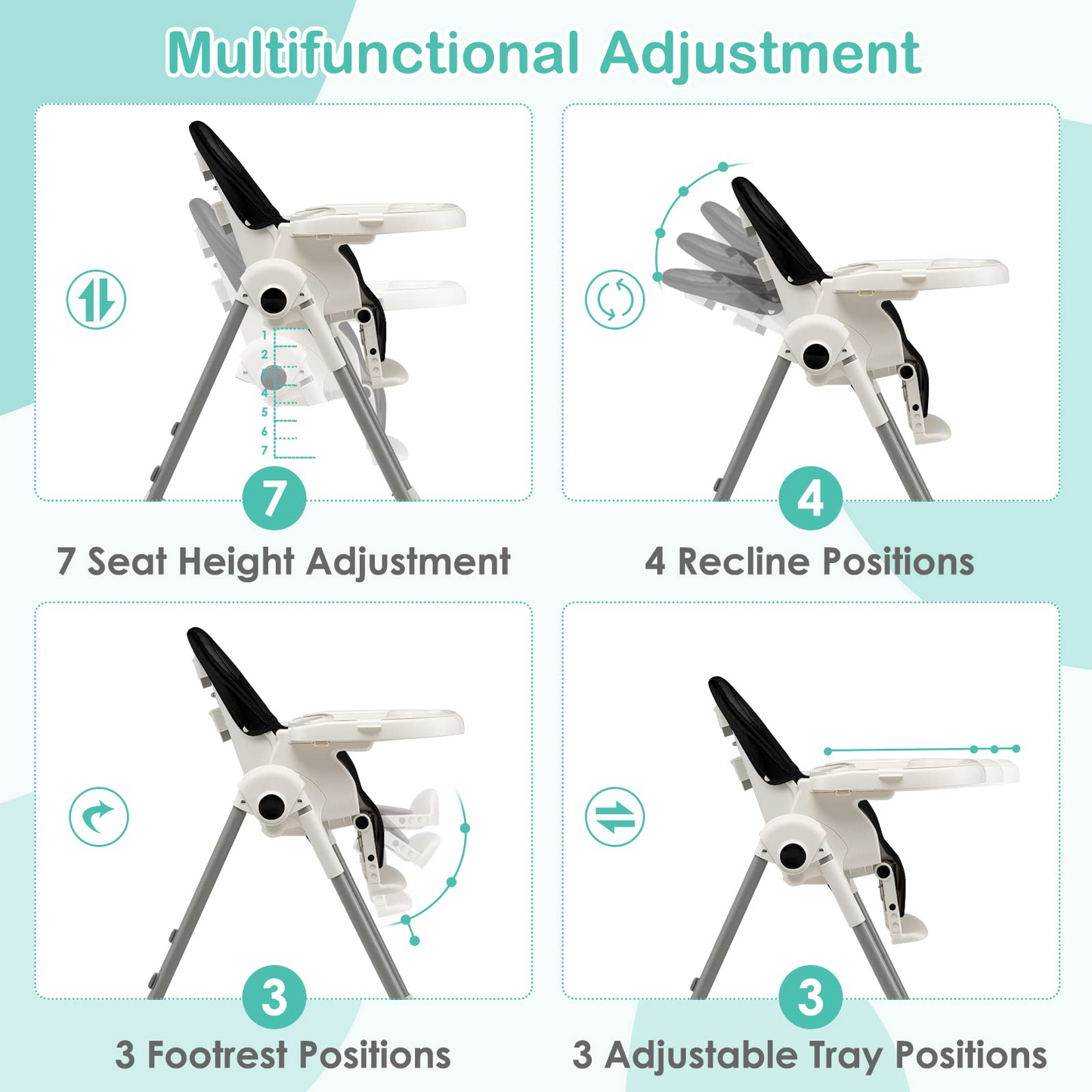 Chaise haute évolutive et pliable pour bébé et enfant, 7 hauteurs, dossier inclinable 4 positions