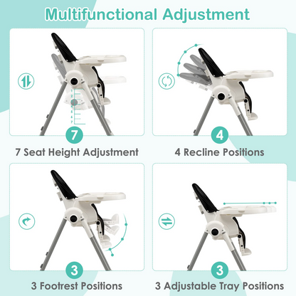 Chaise haute évolutive et pliable pour bébé et enfant, 7 hauteurs, dossier inclinable 4 positions