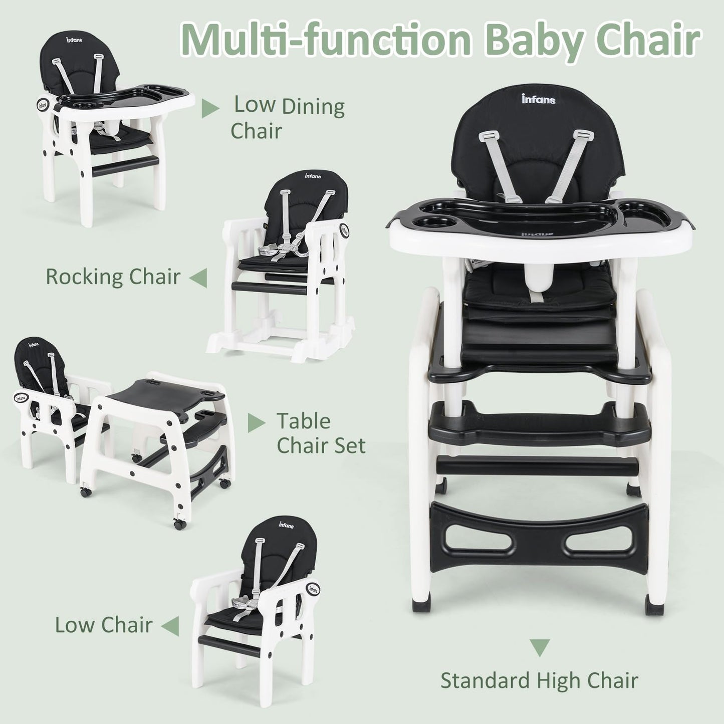 Chaise haute évolutive 5-en-1 pour bébé, ensemble chaise/table convertible, fonction bascule, siège multifonction avec roues universelles verrouillables