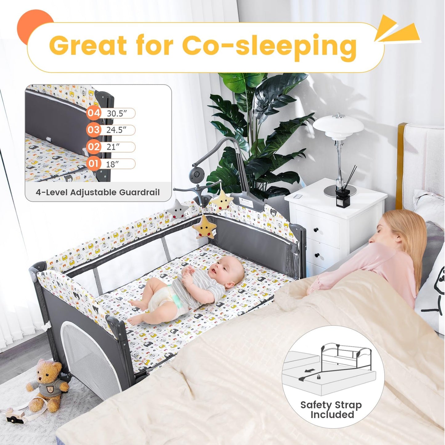 Parc pliable 5-en-1 pour bébé, lit de chevet avec berceau, table à langer, berceau pliable, aire de jeux portable
