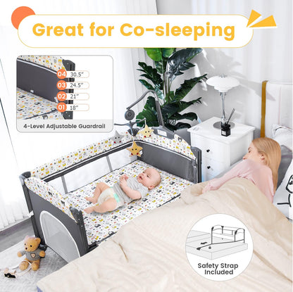 Parc pliable 5-en-1 pour bébé, lit de chevet avec berceau, table à langer, berceau pliable, aire de jeux portable
