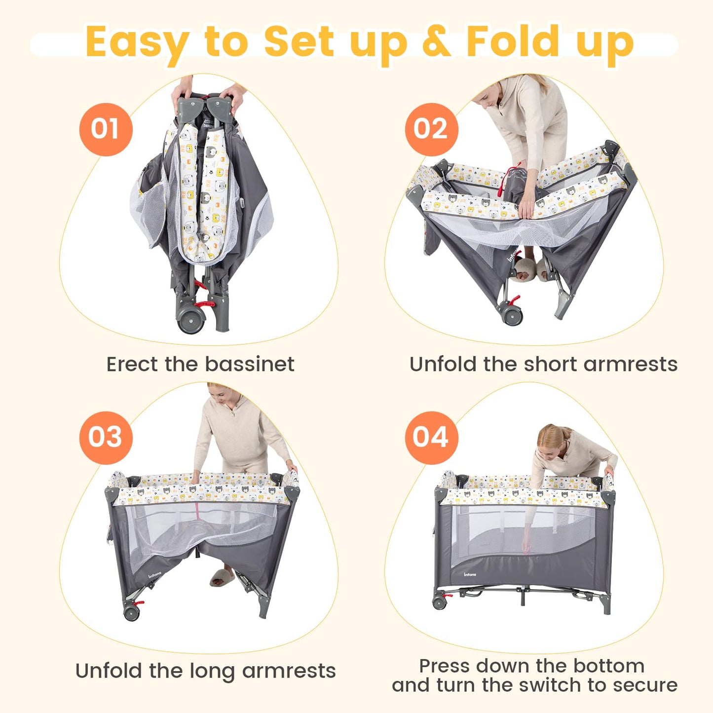 Parc pliable 5-en-1 pour bébé, lit de chevet avec berceau, table à langer, berceau pliable, aire de jeux portable
