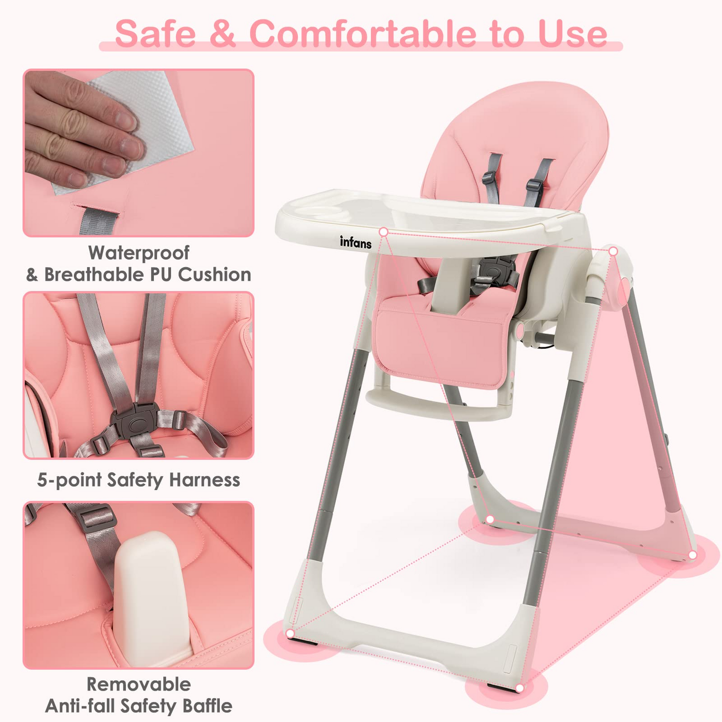 Chaise haute évolutive et pliable pour bébé et enfant, 7 hauteurs, dossier inclinable 4 positions
