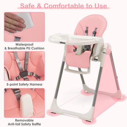 Chaise haute évolutive et pliable pour bébé et enfant, 7 hauteurs, dossier inclinable 4 positions