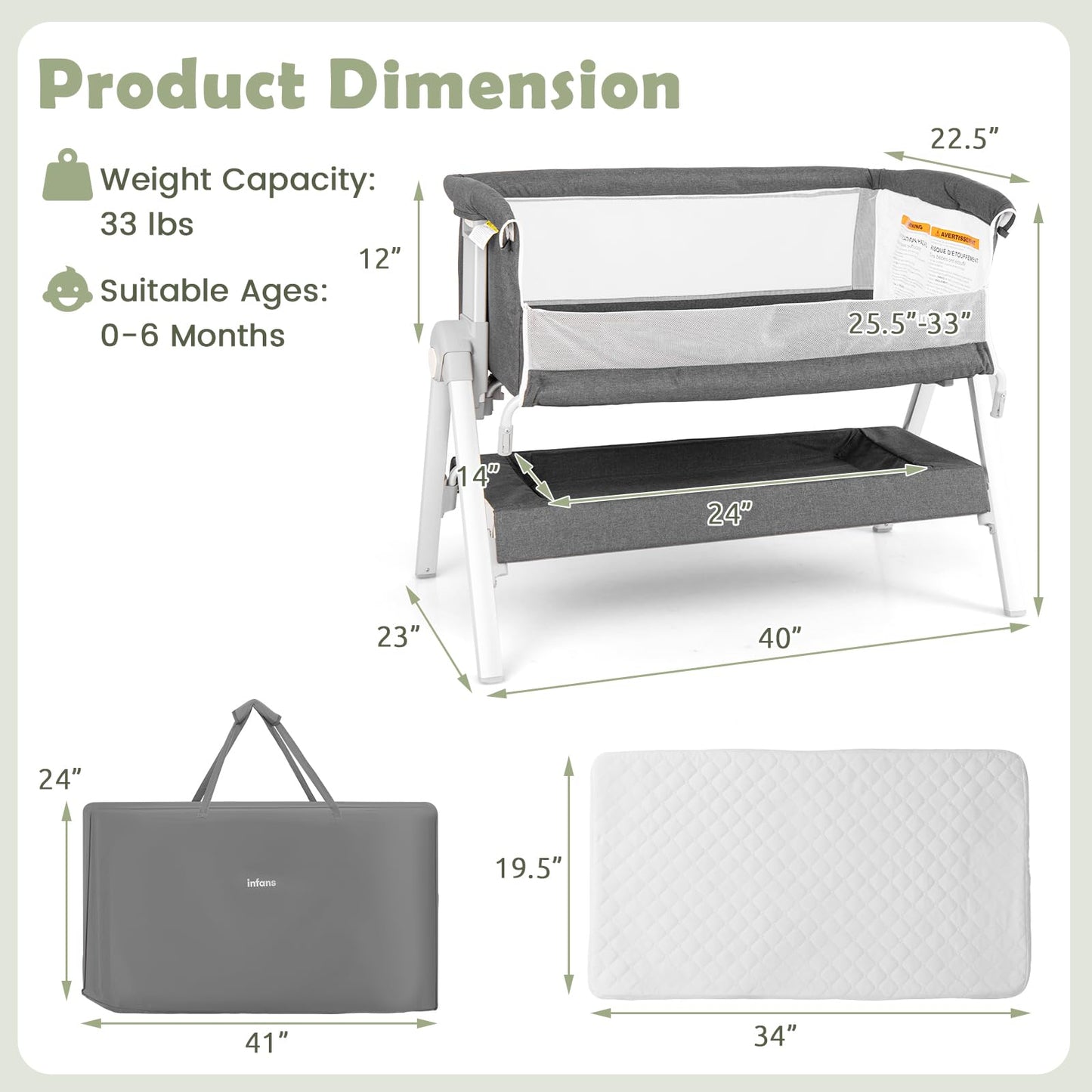 Berceau cododo pour bébé, grand panier de rangement, hauteurs et inclinaison réglables, lit d’appoint mobile facile