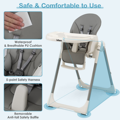 Chaise haute évolutive et pliable pour bébé et enfant, 7 hauteurs, dossier inclinable 4 positions