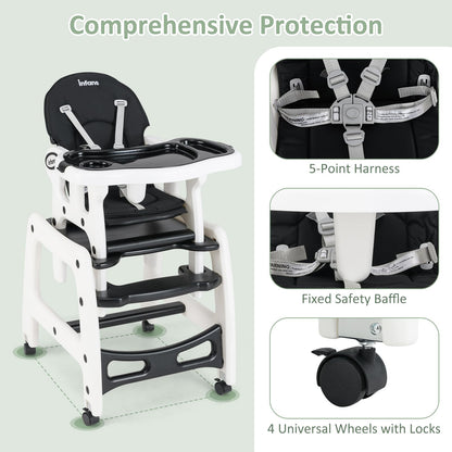 Chaise haute évolutive 5-en-1 pour bébé, ensemble chaise/table convertible, fonction bascule, siège multifonction avec roues universelles verrouillables