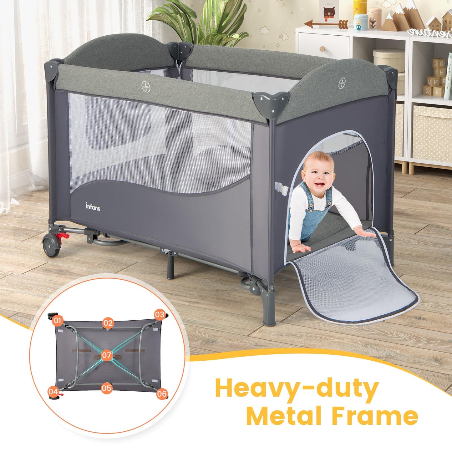 Parc pliable 5-en-1 pour bébé, lit de chevet avec berceau, table à langer, berceau pliable, aire de jeux portable