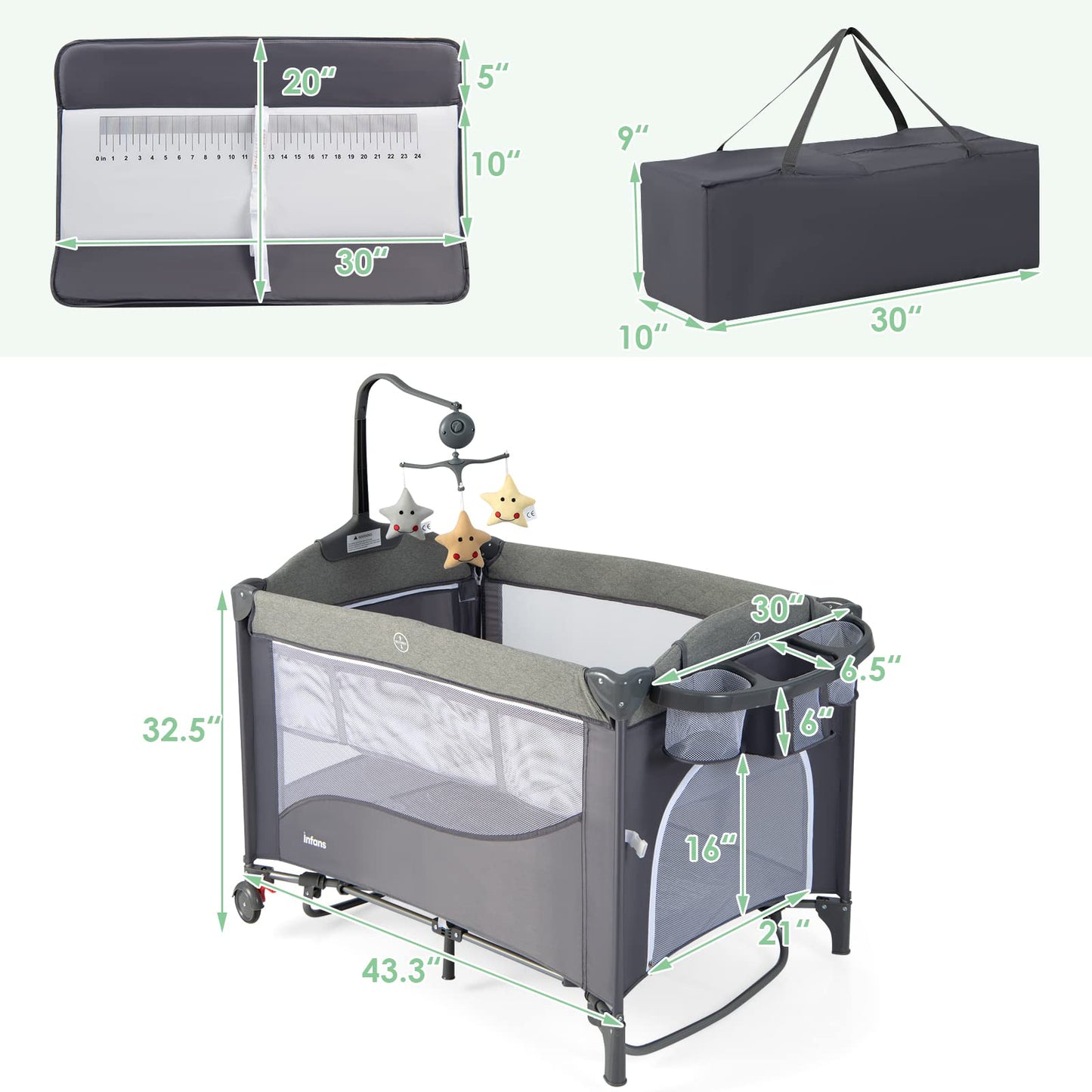 Parc pliable 5-en-1 pour bébé, lit de chevet avec berceau, table à langer, berceau pliable, aire de jeux portable