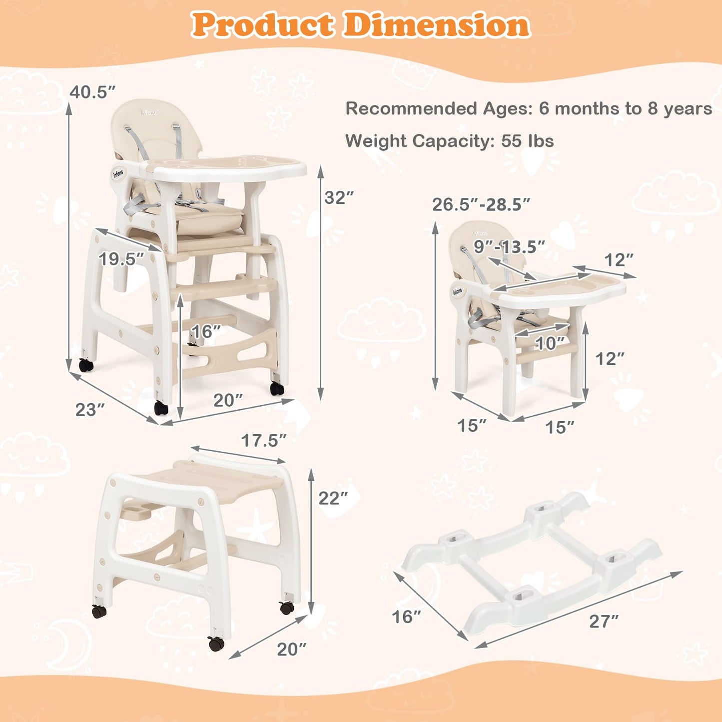 Chaise haute évolutive 5-en-1 pour bébé, ensemble chaise/table convertible, fonction bascule, siège multifonction avec roues universelles verrouillables