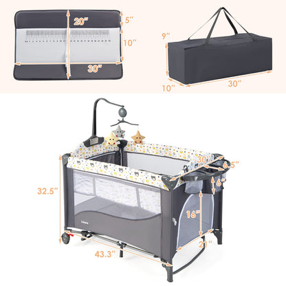 Parc pliable 5-en-1 pour bébé, lit de chevet avec berceau, table à langer, berceau pliable, aire de jeux portable