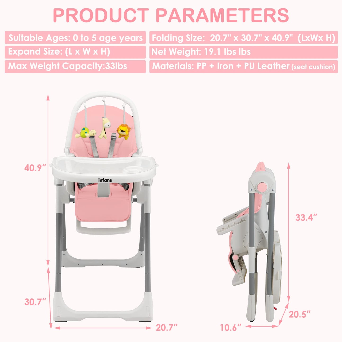 Chaise haute évolutive et pliable pour bébé et enfant, 7 hauteurs, dossier inclinable 4 positions