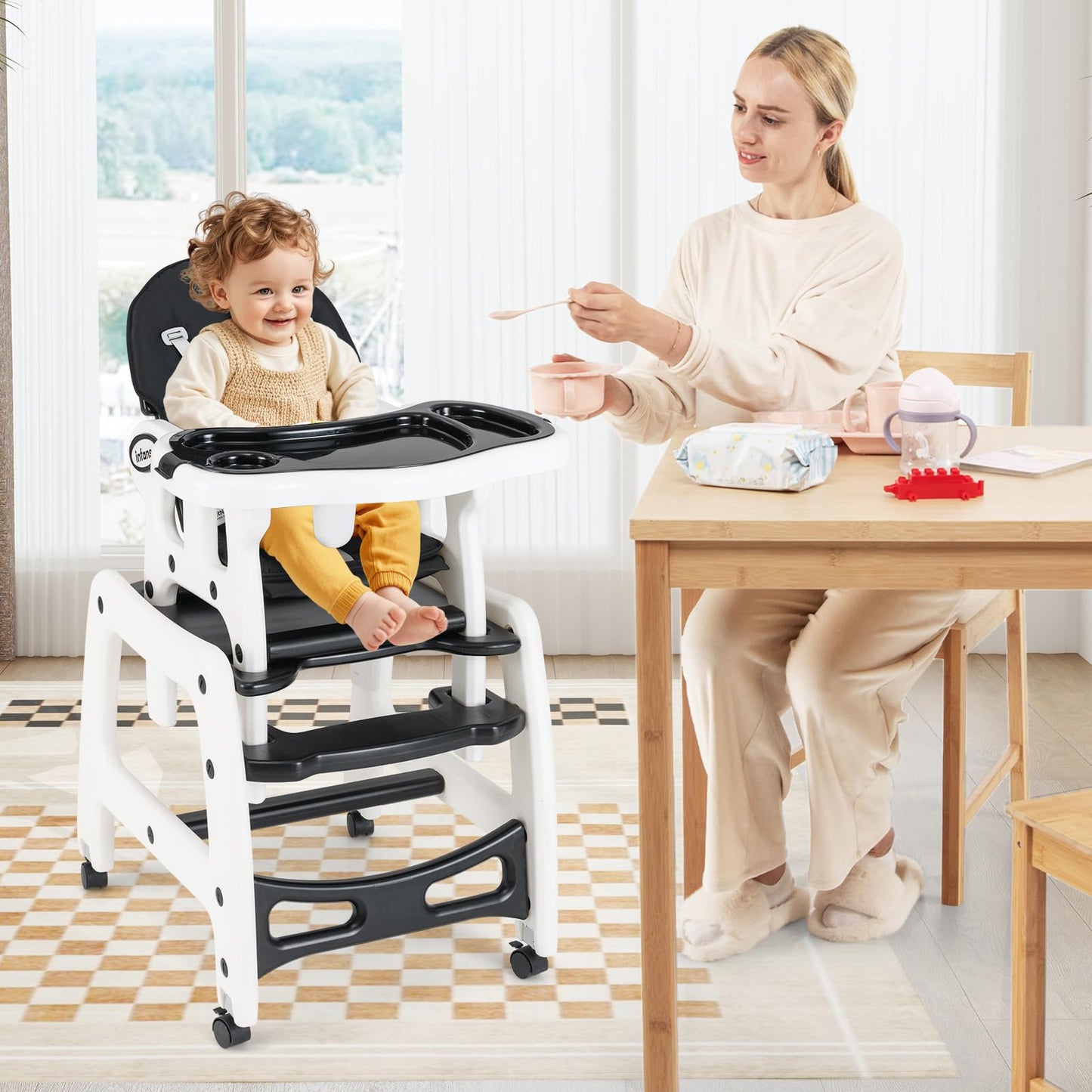 Chaise haute évolutive 5-en-1 pour bébé, ensemble chaise/table convertible, fonction bascule, siège multifonction avec roues universelles verrouillables