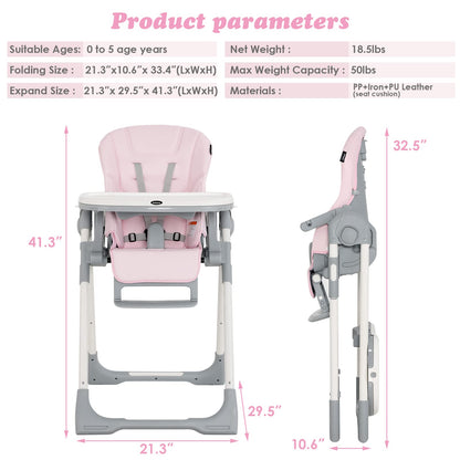 Chaise haute pliable pour bébés et tout-petits avec dossier, repose-pieds et hauteur d’assise réglables