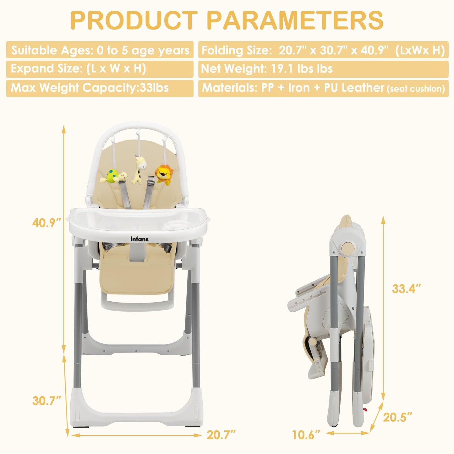 Chaise haute évolutive et pliable pour bébé et enfant, 7 hauteurs, dossier inclinable 4 positions